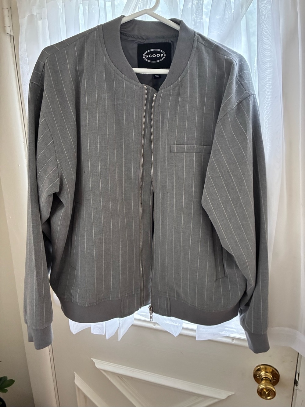 Scoop Grey Pinstripe Zip Front Bomber Jacket